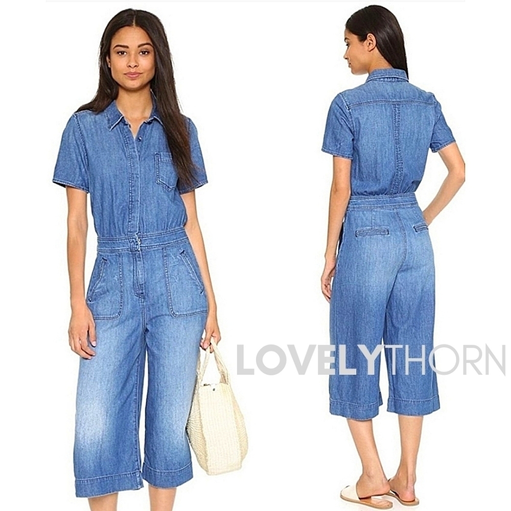 7FAM // ltd ed light blue denim short sleeved gaucho cropped culotte jumpsuit